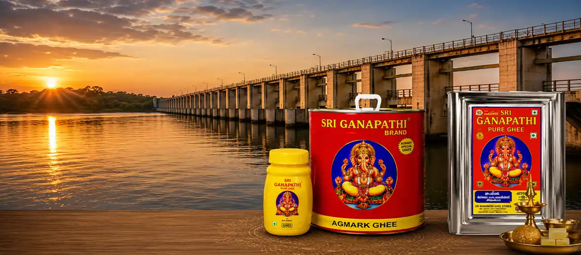 Sri Ganapathi pure cow ghee containers displayed against a scenic karur river background