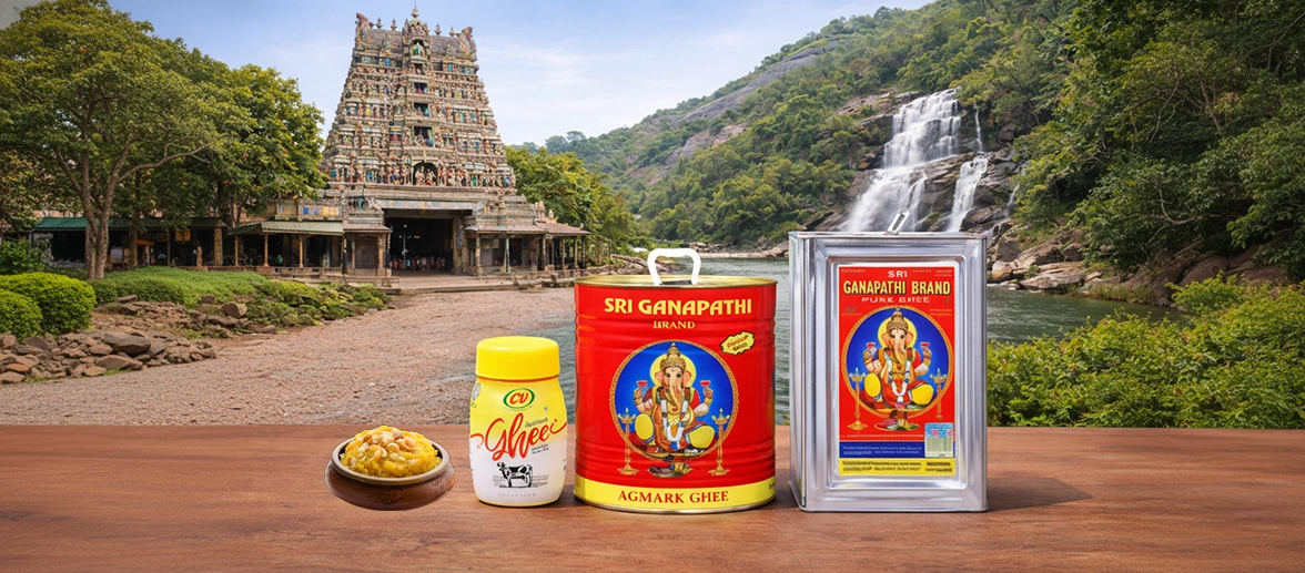 Pure Agmark cow ghee from Tirunelveli with natural aroma and rich taste. No added preservatives.