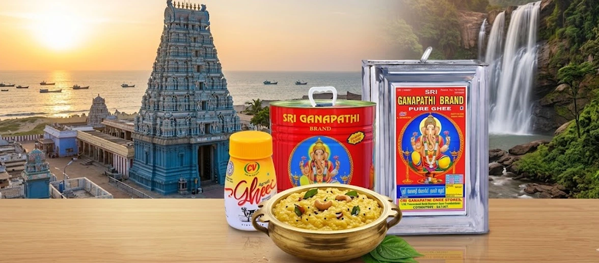 Premium Desi Ghee jars with a shipping pallet and Tuticorin port city skyline background.