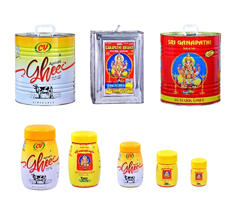 A collection of CV Ghee and Sri Ganapathi brand product packs ranging from small jars to large tins.