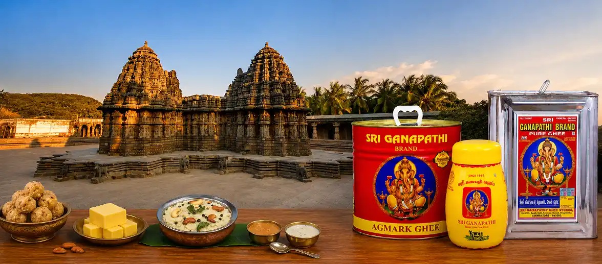 Sri Ganapathi Pure Ghee containers alongside traditional Indian food near an ancient temple
